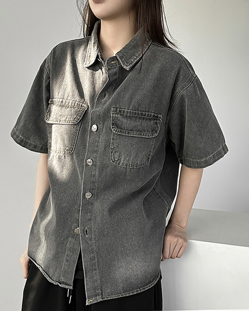 オーバーサイズブラックデニム半袖シャツ | ファッション通販サイト NUGU