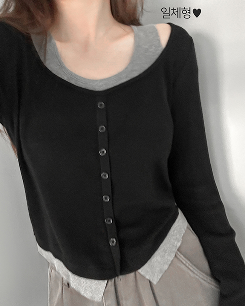 (一体型) 配色 ワイドネック スリット ニット