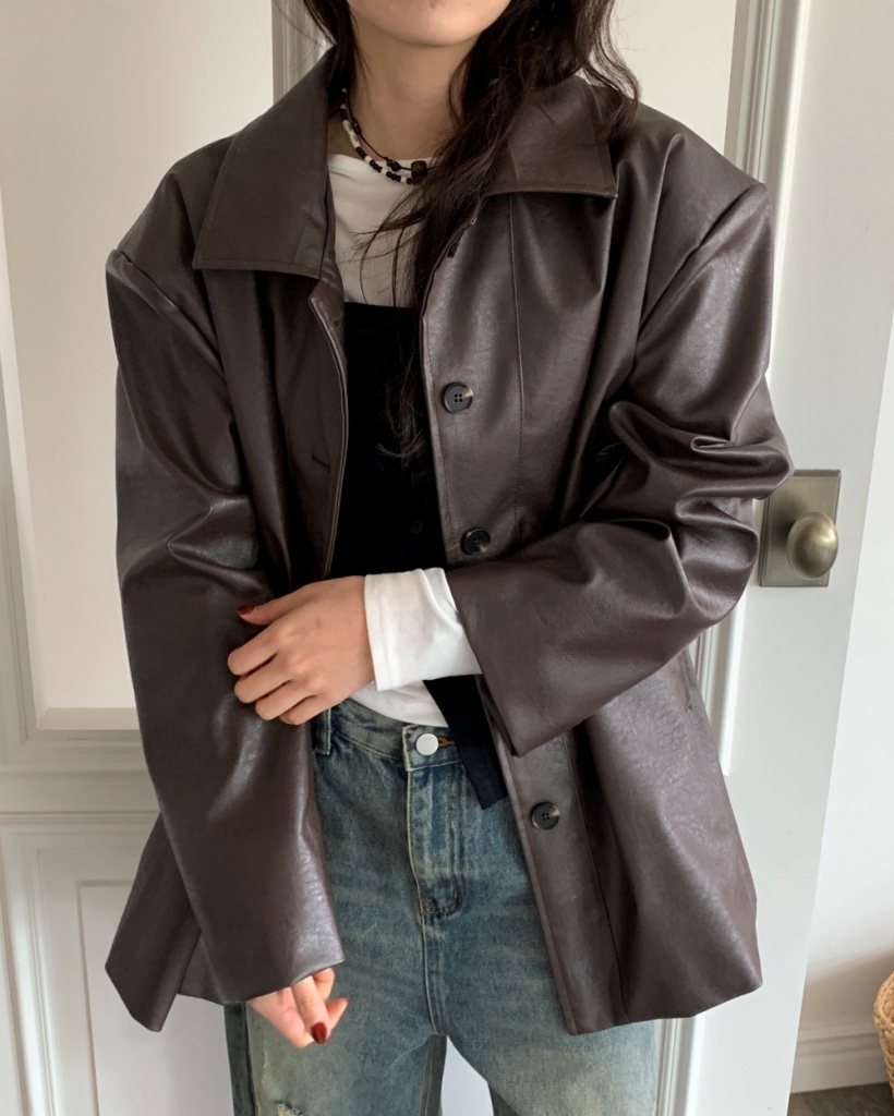 フェイクレザーレザーオーバーサイズシングルジャケット