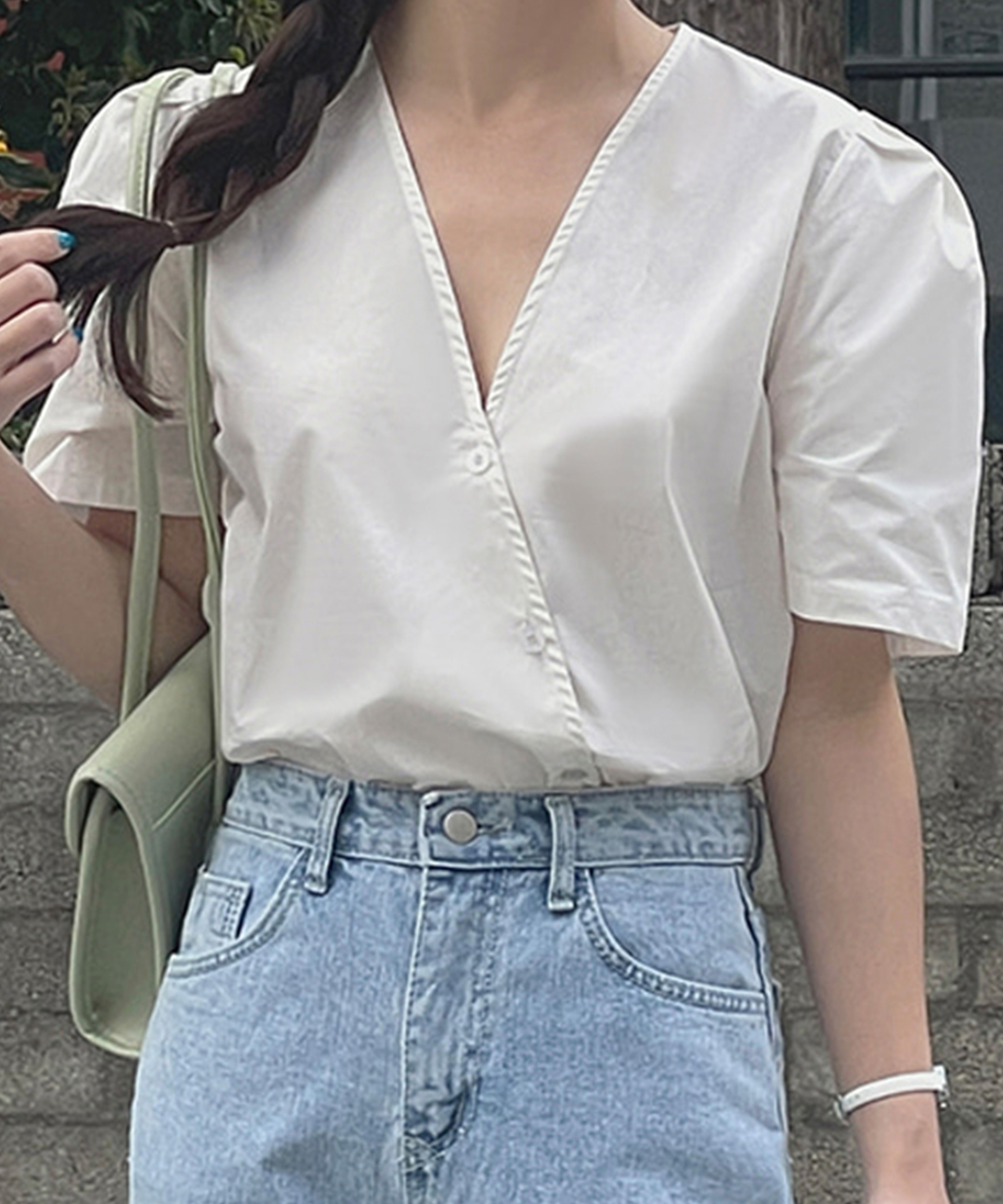 オケージョン】[original/SXL]斜めストライプパフブラウス