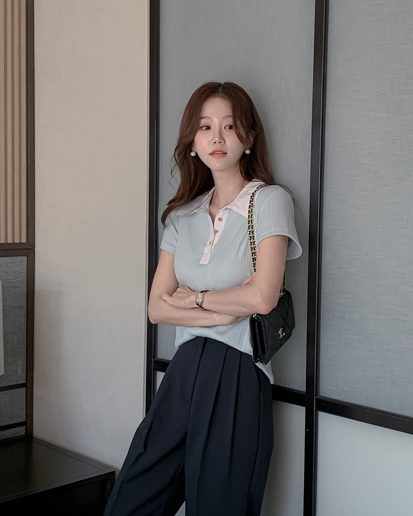 リブ半袖ニットポロシャツ