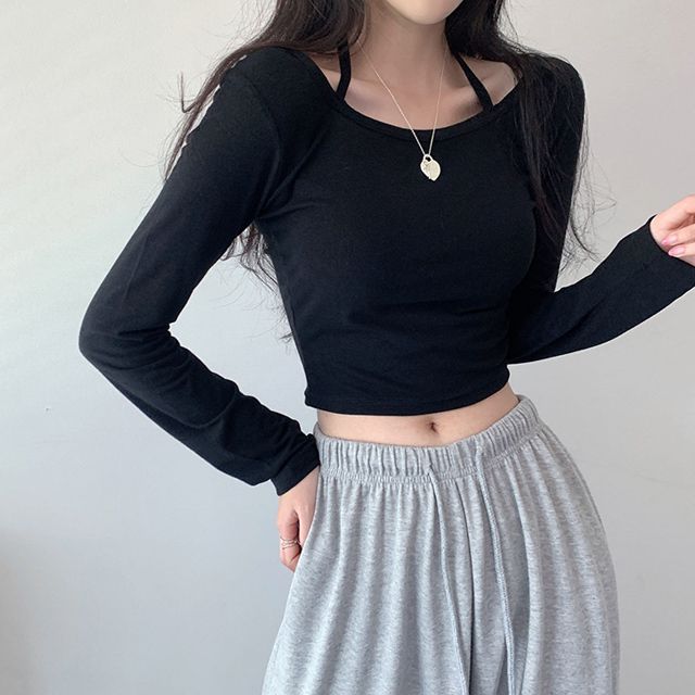 ホルタースクエアネック長袖クロップドTシャツ