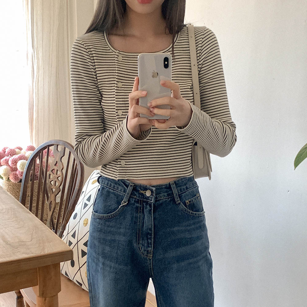 ボーダーアシンメトリーボタンカーディガン