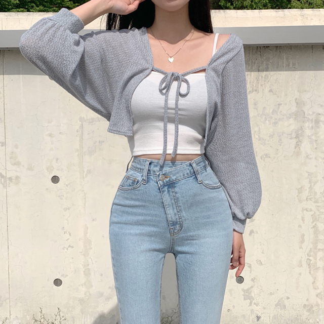 ボレロVネックリボンブークレクロップドカーディガン