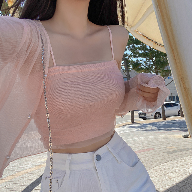 SET] クロップドシースルーVネック長袖ピンクカーディガン+