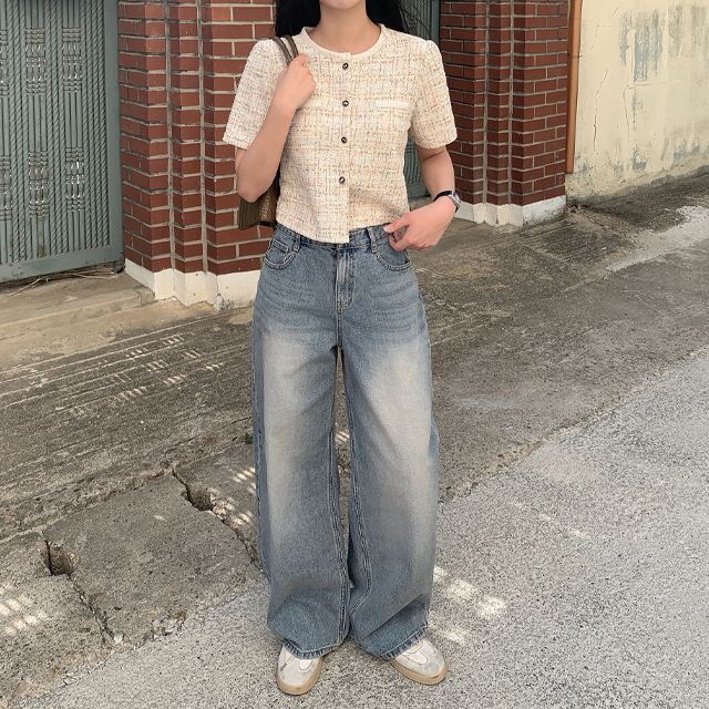 ドゥロワー　半袖　ジャケット　ツイード 36 セール】 モザイクツイード ショートクルージャケット （ノーカラー