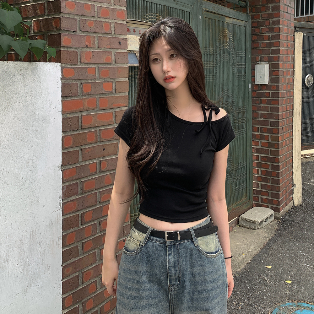 ワンショルダーリボン半袖Tシャツ