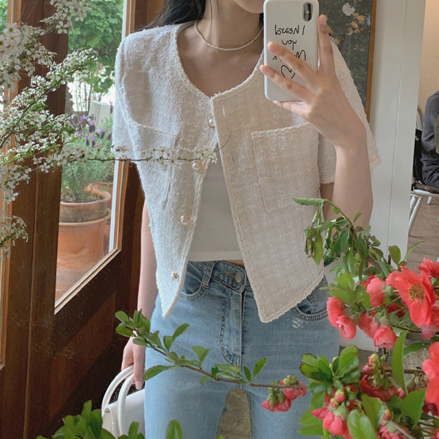 クロップドツイードノーカラーホワイトジャケット | ファッション通販