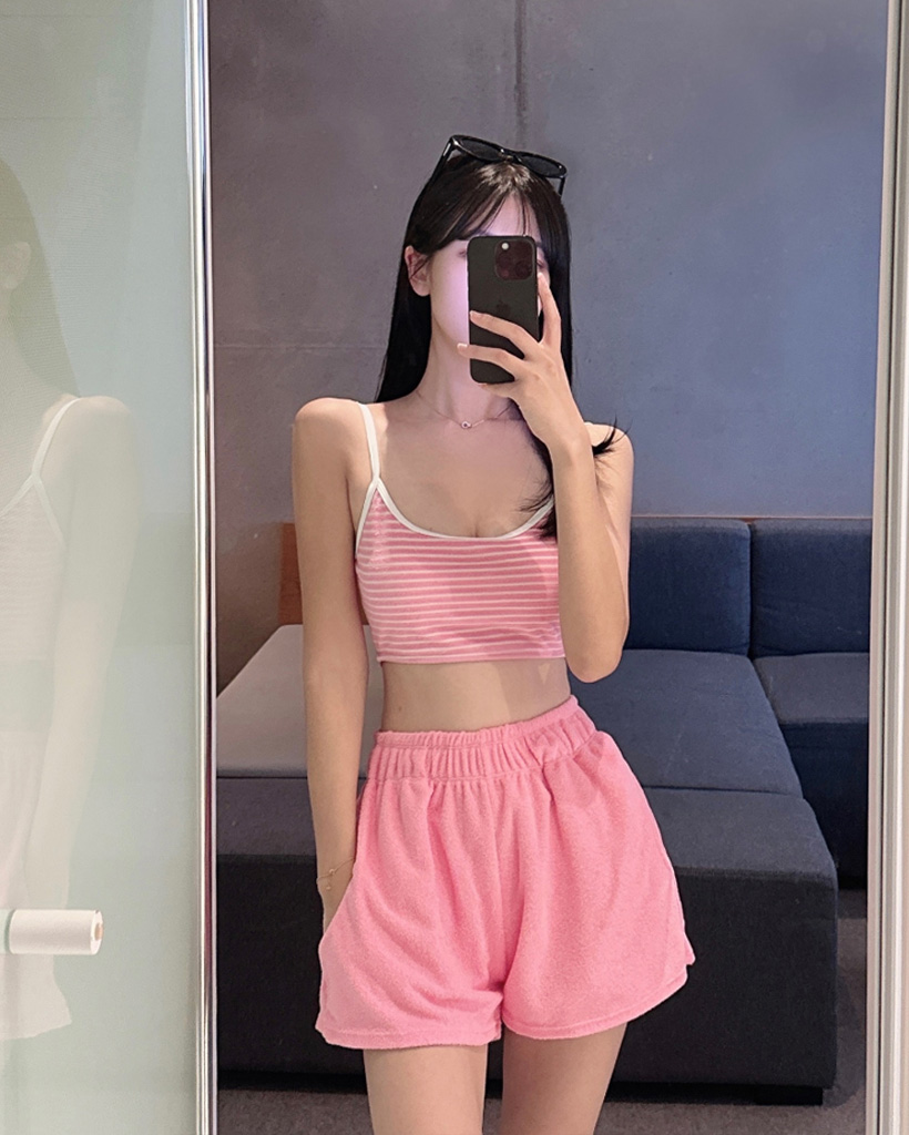 3PS]クロップドタオルタオルビキニ+ショットパンツセット