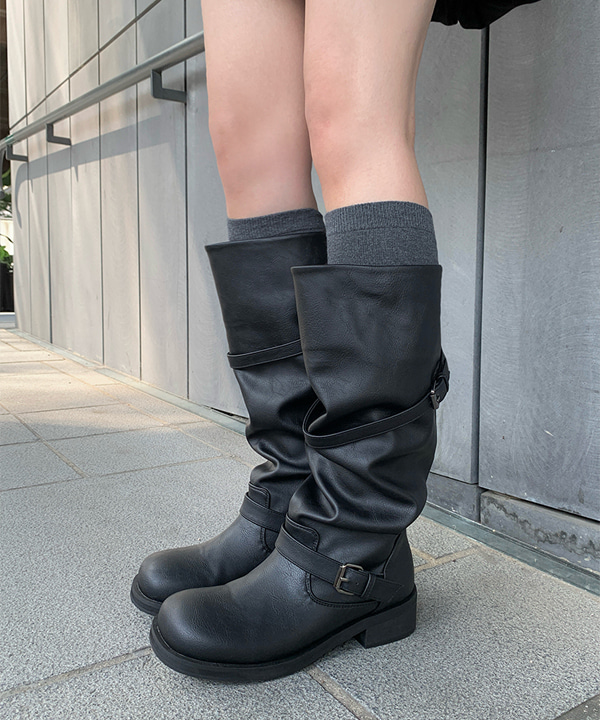 フェイクレザーバックルバイカーロングブーツ | ファッション通販