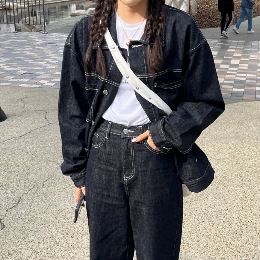 set] ポケットオーバーサイズデニムジャケット+ストレートジョガー
