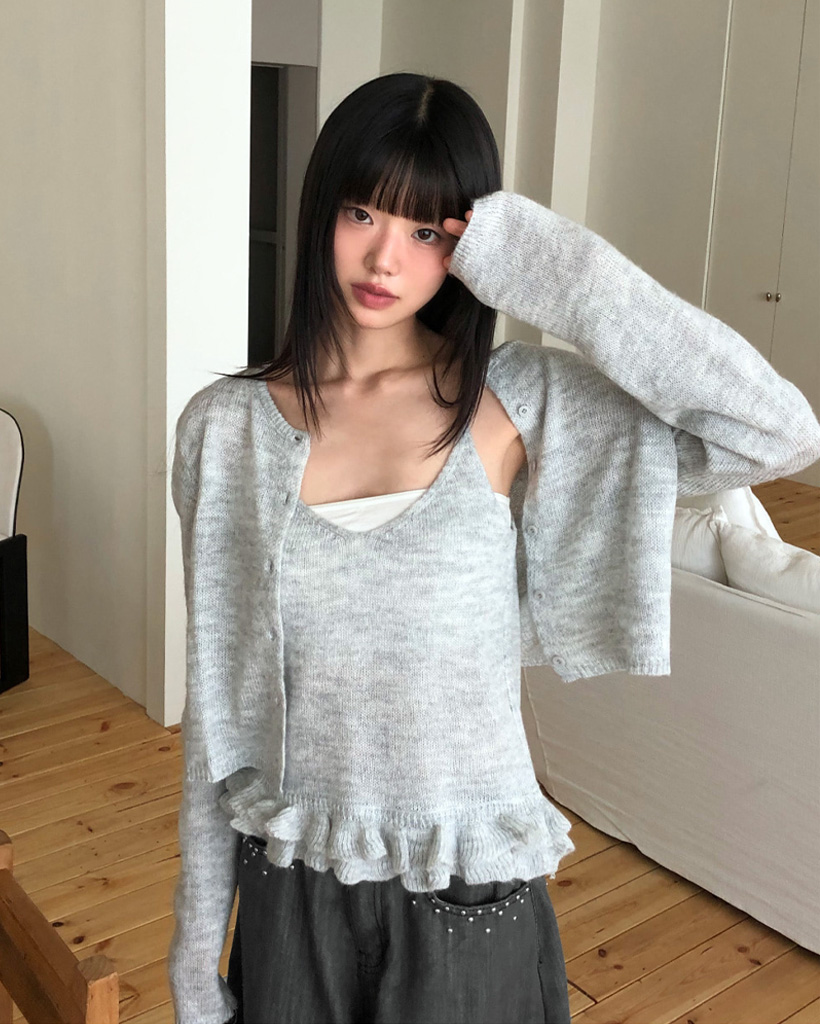 set]フリルニットノースリーブ&カーディガンセット | ファッション通販