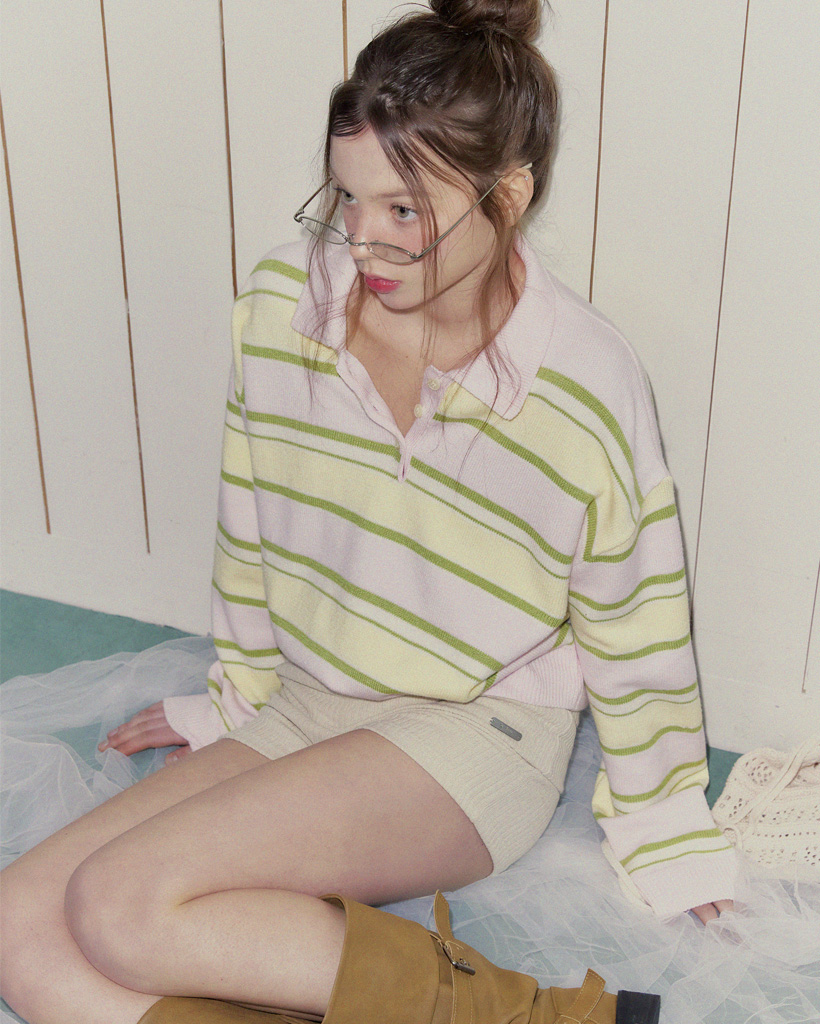 Danpe Collar Stripe Contrast Long Sleeve Knit