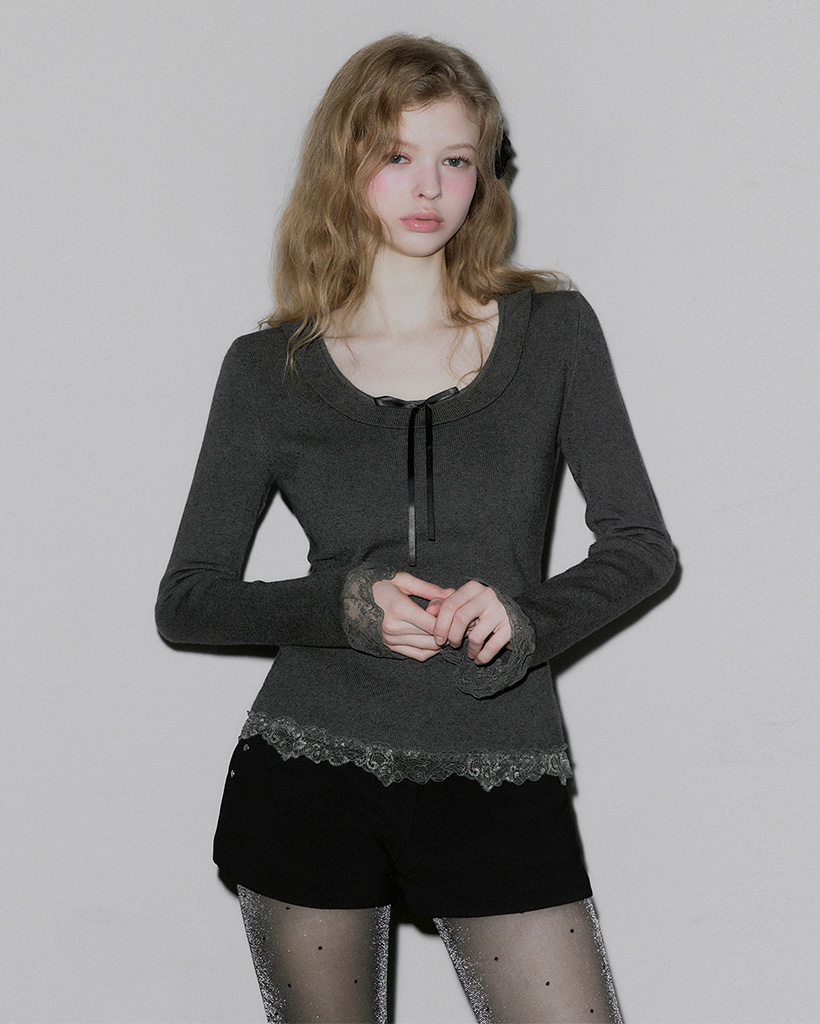 BEAR Frill Lace Ribbon Knit Top