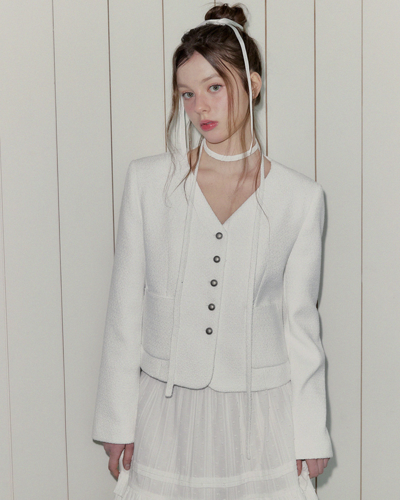 ROAN Tweed V-Neck Single-Button Jacket (Strap Set)