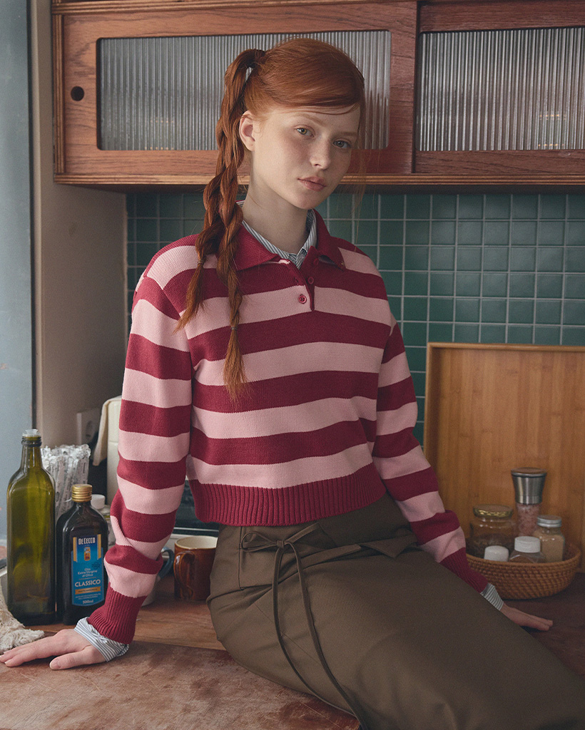 Nuo Stripe Contrast Collar Long Sleeve Knit