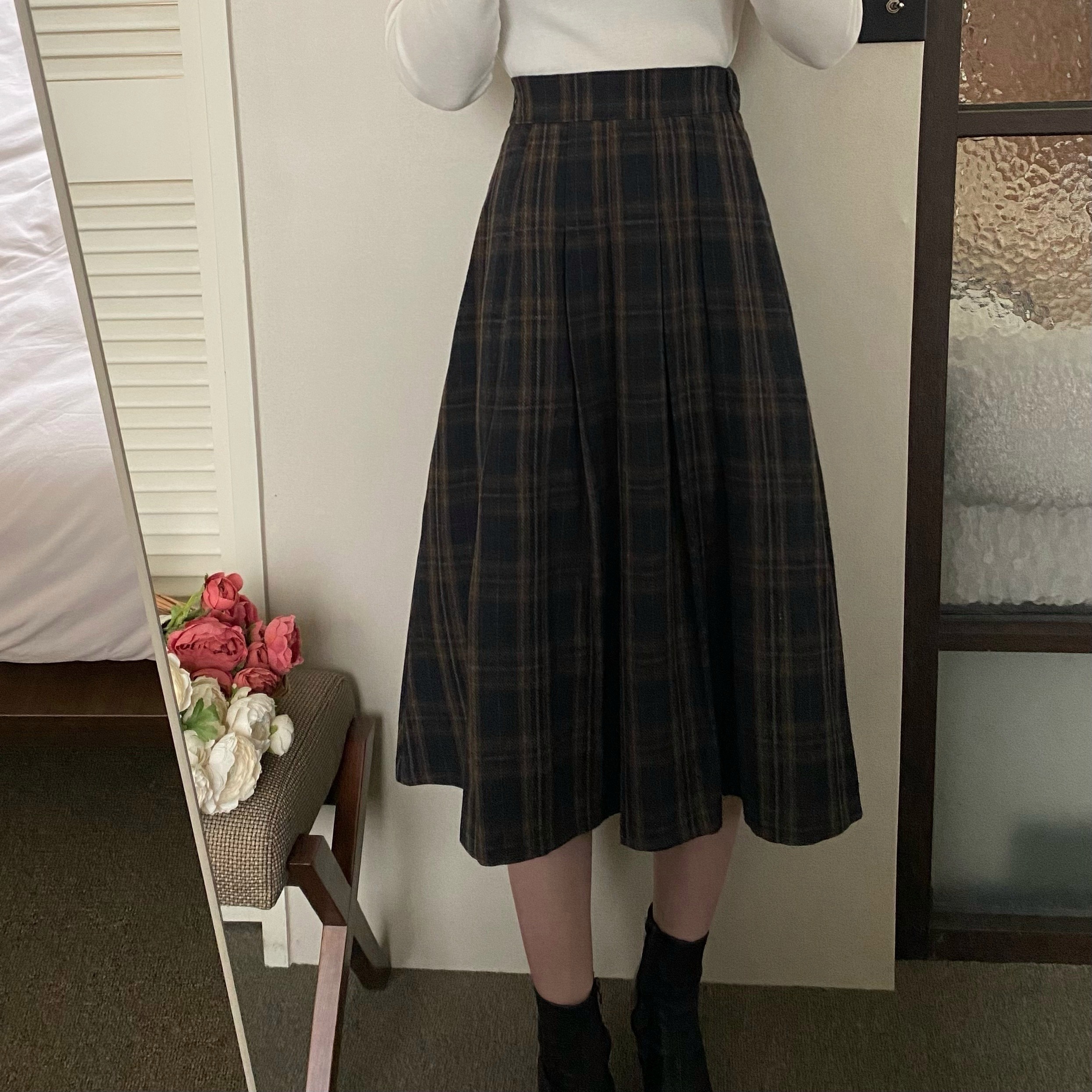 厚みウールチェックミドル丈ロングスカート | ファッション通販