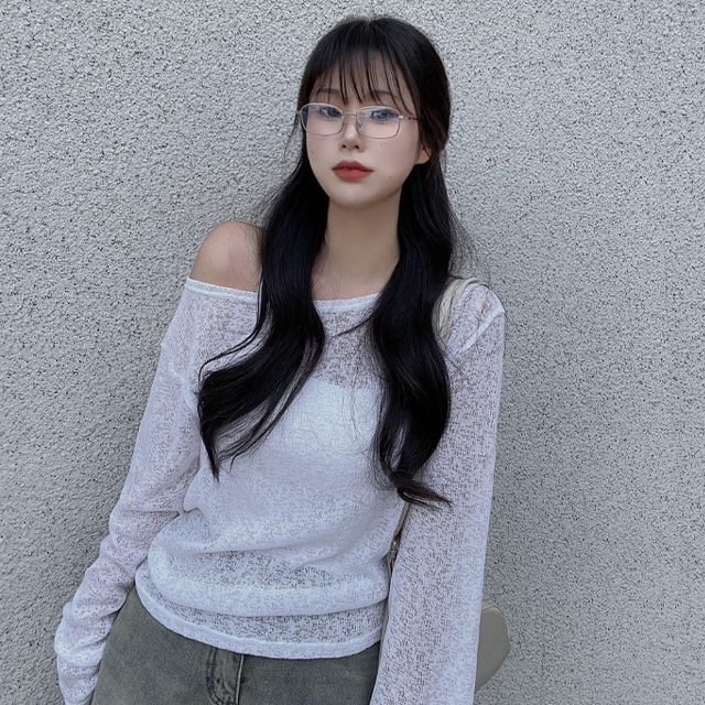 リネンビッグサイズオフショルシースルー長袖Tシャツ