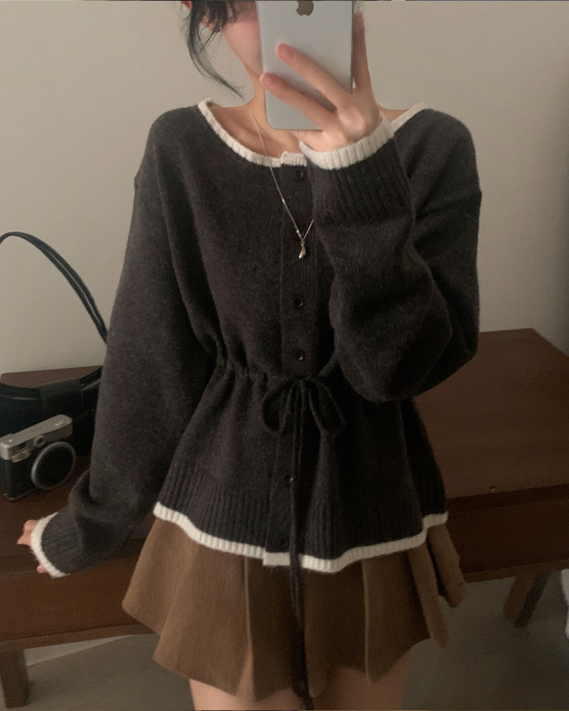 (3color) ボートネック ウエストリボン ストリングニットカーデ