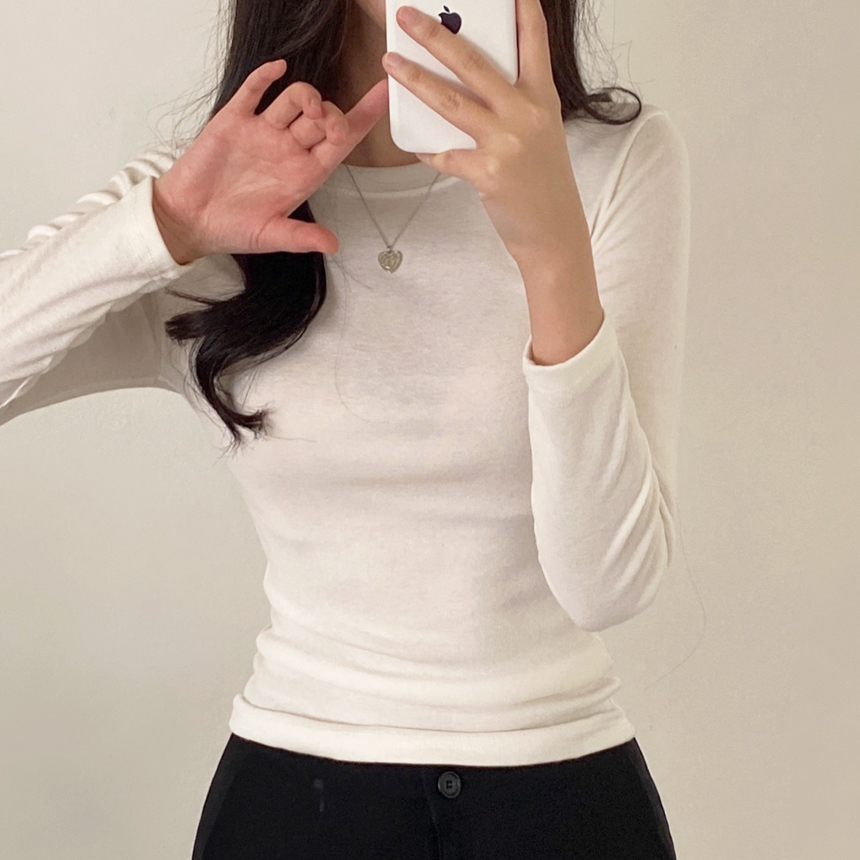 秋インナー長袖ラウンドネックピンクレイヤードスリムTシャツ