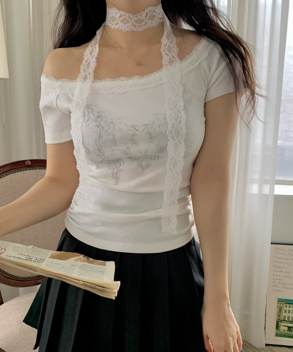 [レーススカーフSET]サイドシャーリングオフショルTシャツ-3color