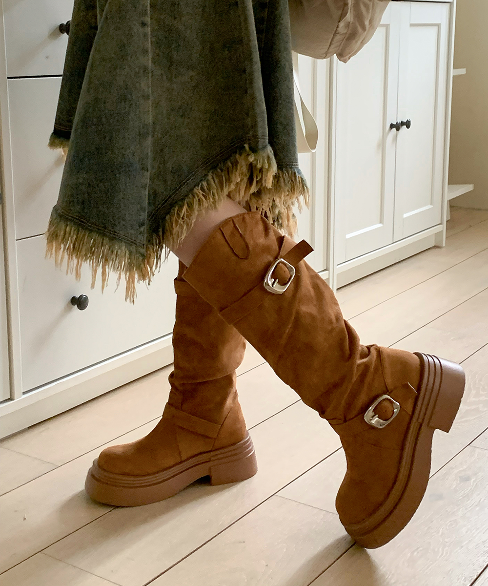 厚底バックルロングスエードブーツ | ファッション通販サイト NUGU