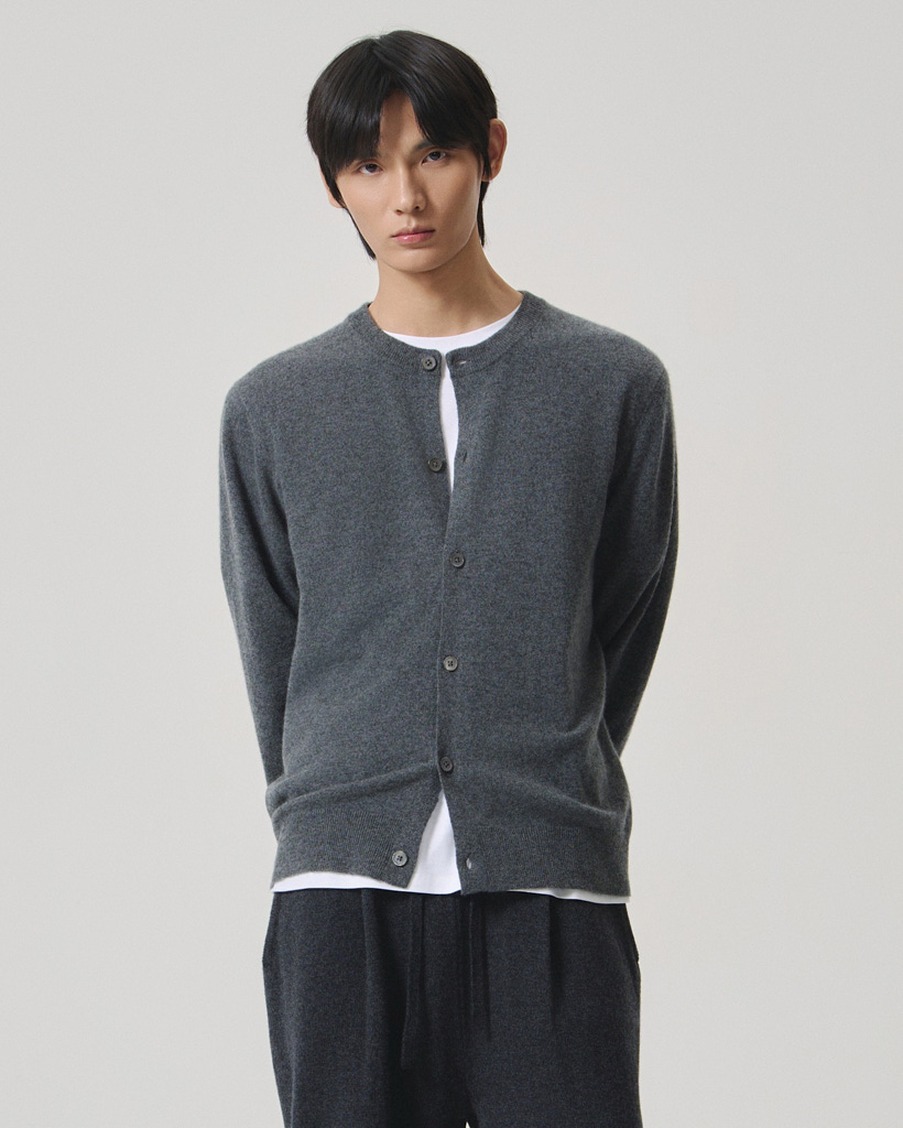 [UNISEX] Cashmere Essential Blend Round Neck Cardigan Charcoal
