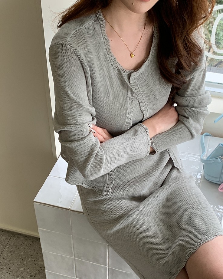 4color)(set)レースノースリーブニットワンピース & カーディガン