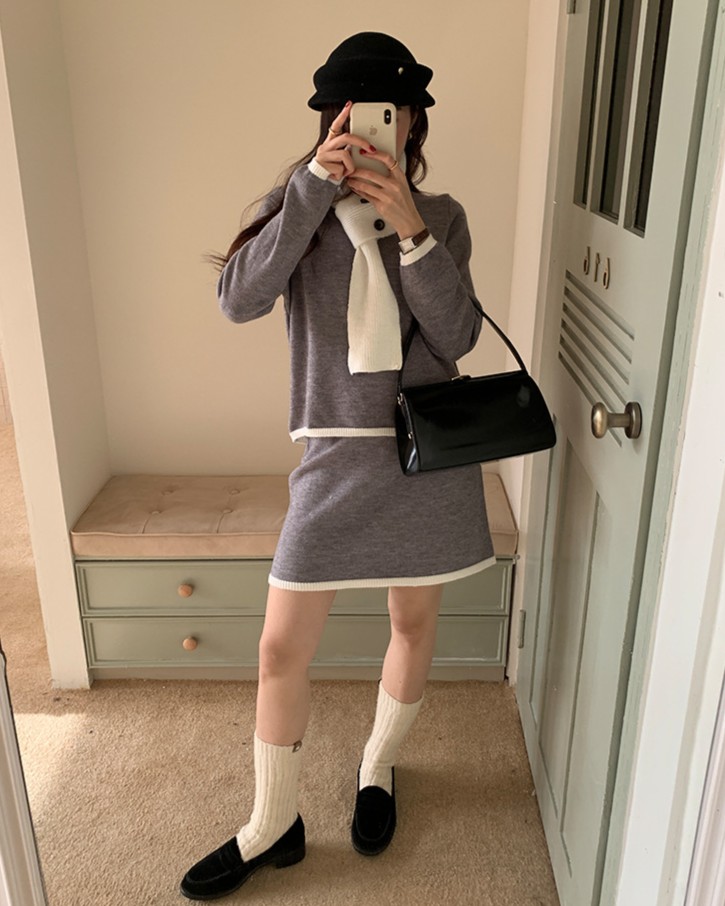 ラインバイカラーニットツーピースセットアップマフラーSET