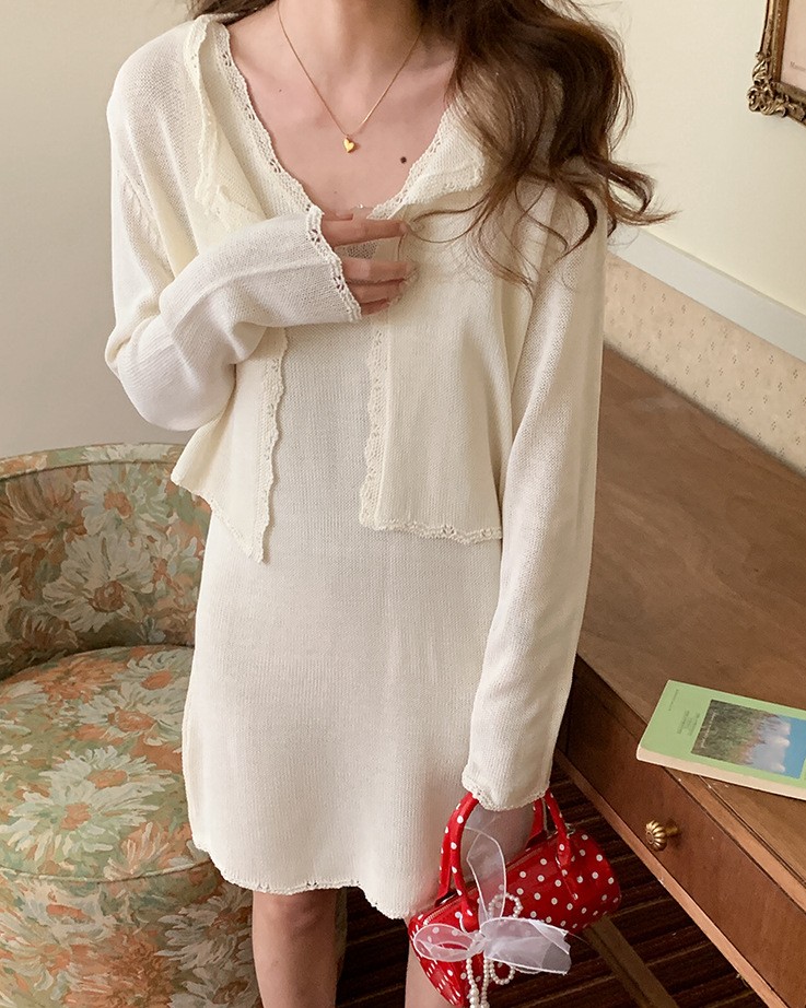 4color)(set)レースノースリーブニットワンピース & カーディガン