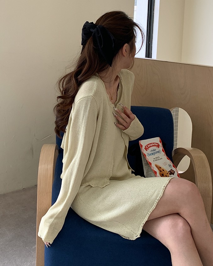 4color)(set)レースノースリーブニットワンピース & カーディガン
