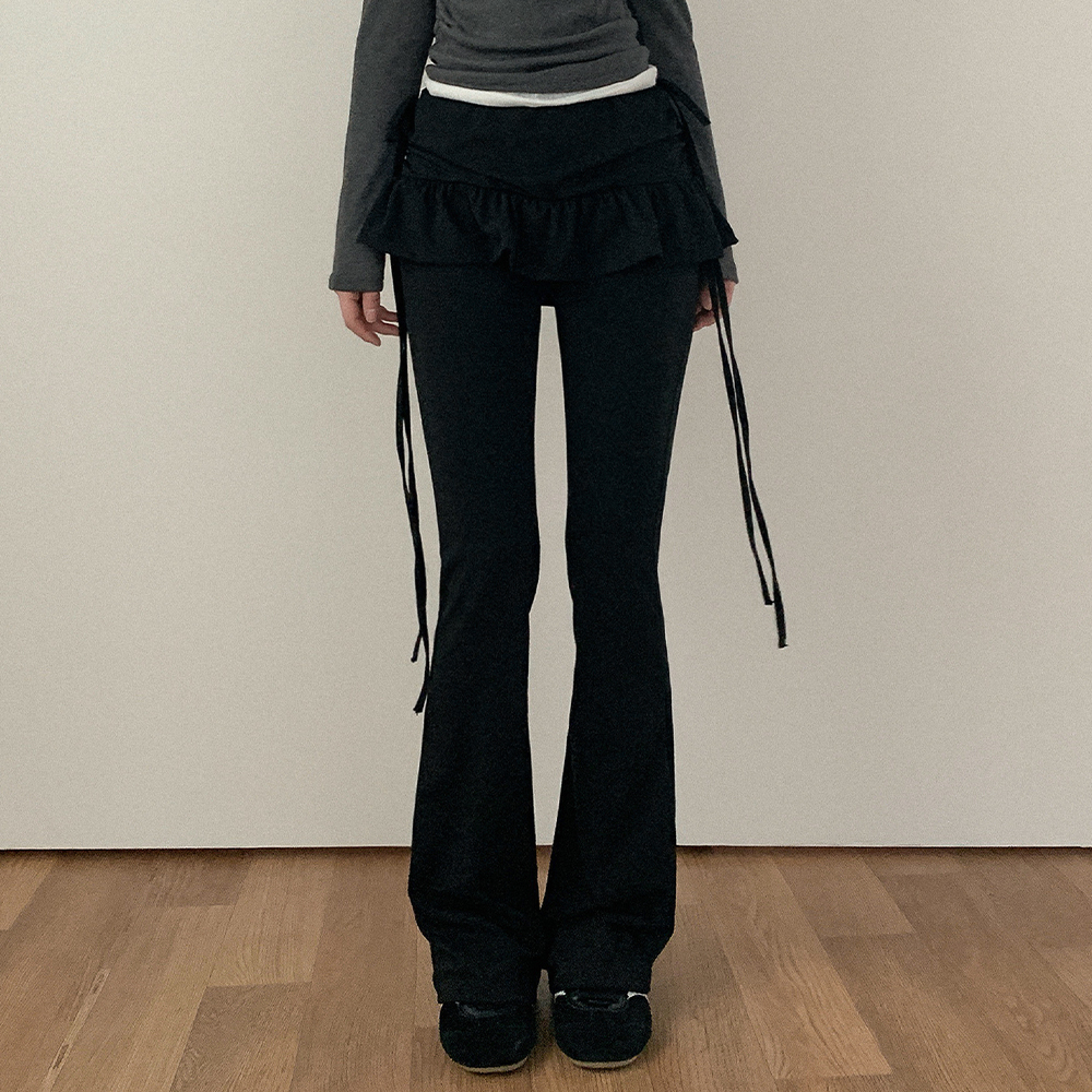 (一体型)フリルリボンシャーリングスカートブーツカットパンツ