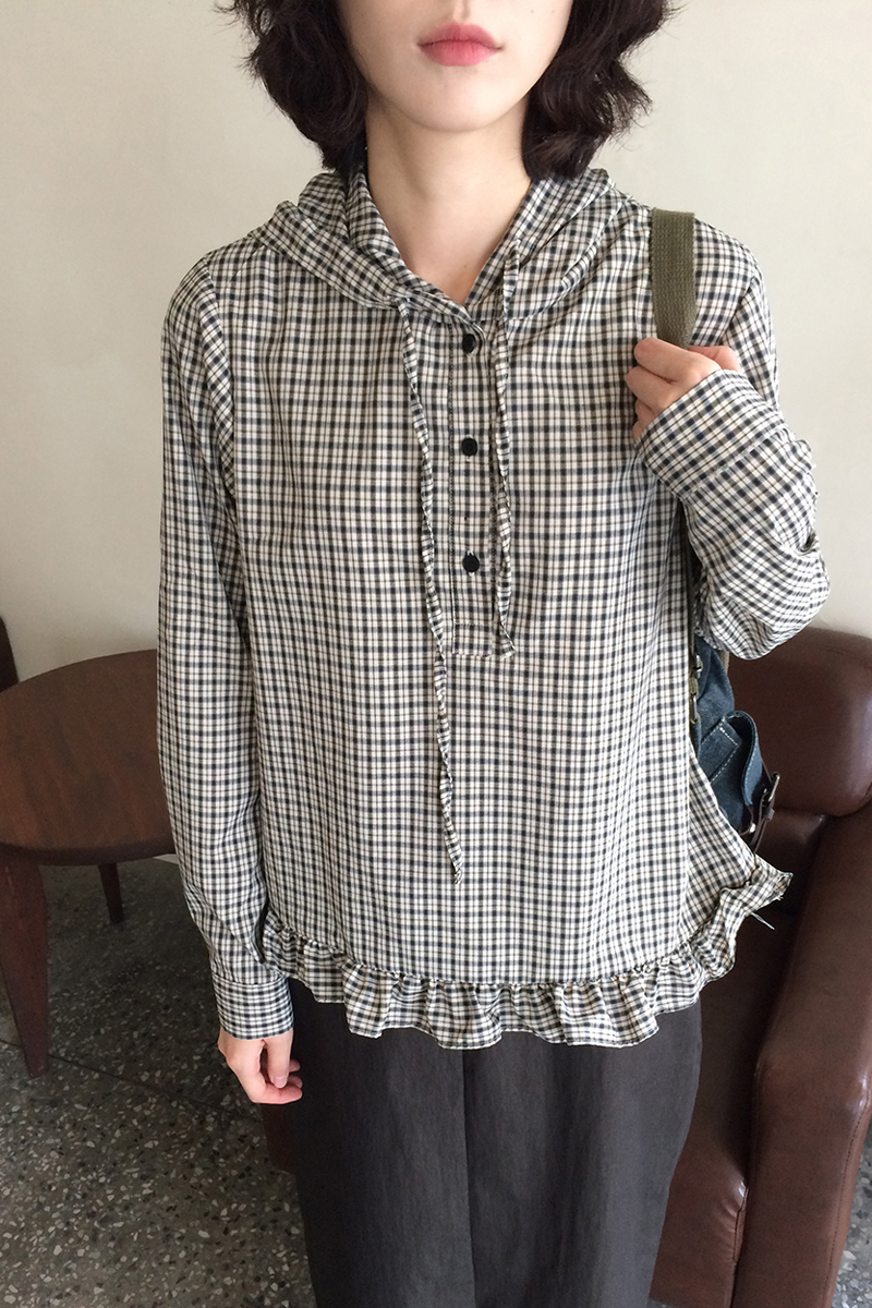 45rpmフリル付きブラウン・ホワイトチェックシャツ L】レトロチェック