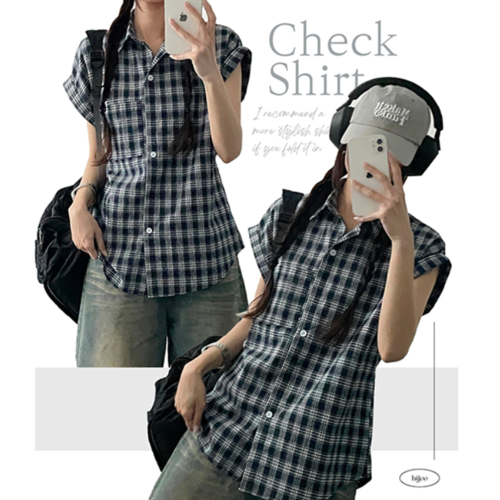 リネンロールアップチェックシャツ(4color)