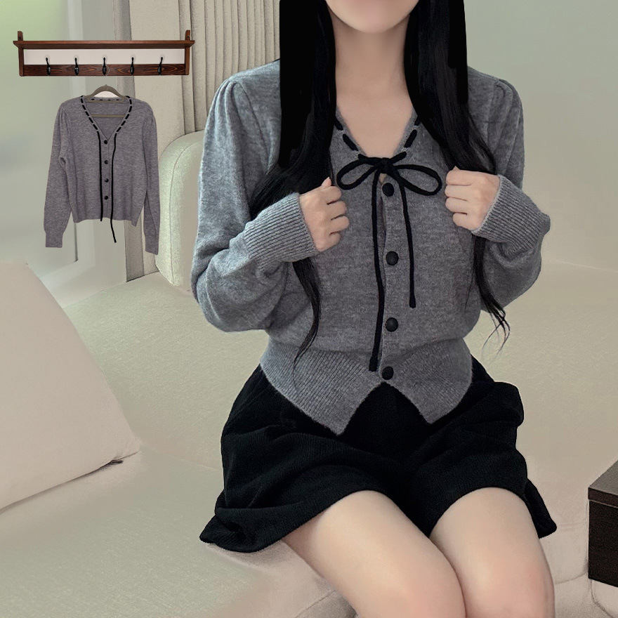 (3color)Vネックパフニットカーディガン