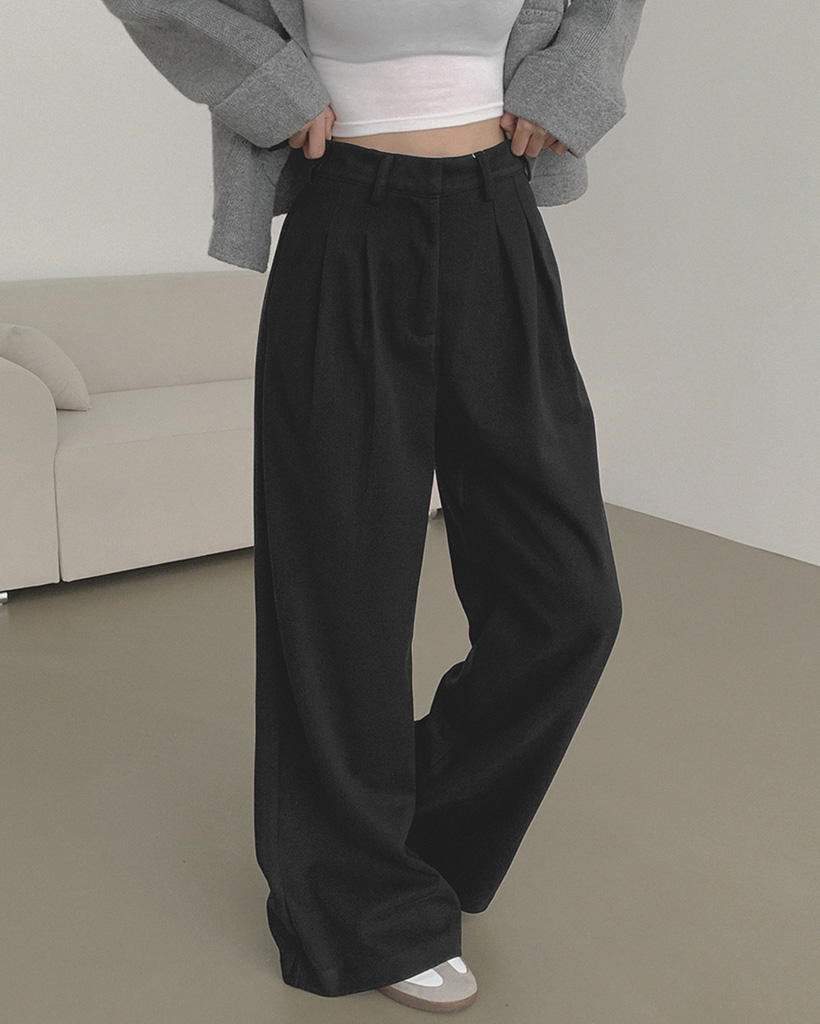 [選べる着丈] 裏地付きウールタッチピンタック ワイドスラックス