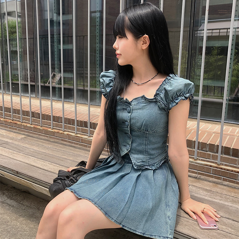 パフスリーブブラウス+プリーツミニスカートデニムツーピース
