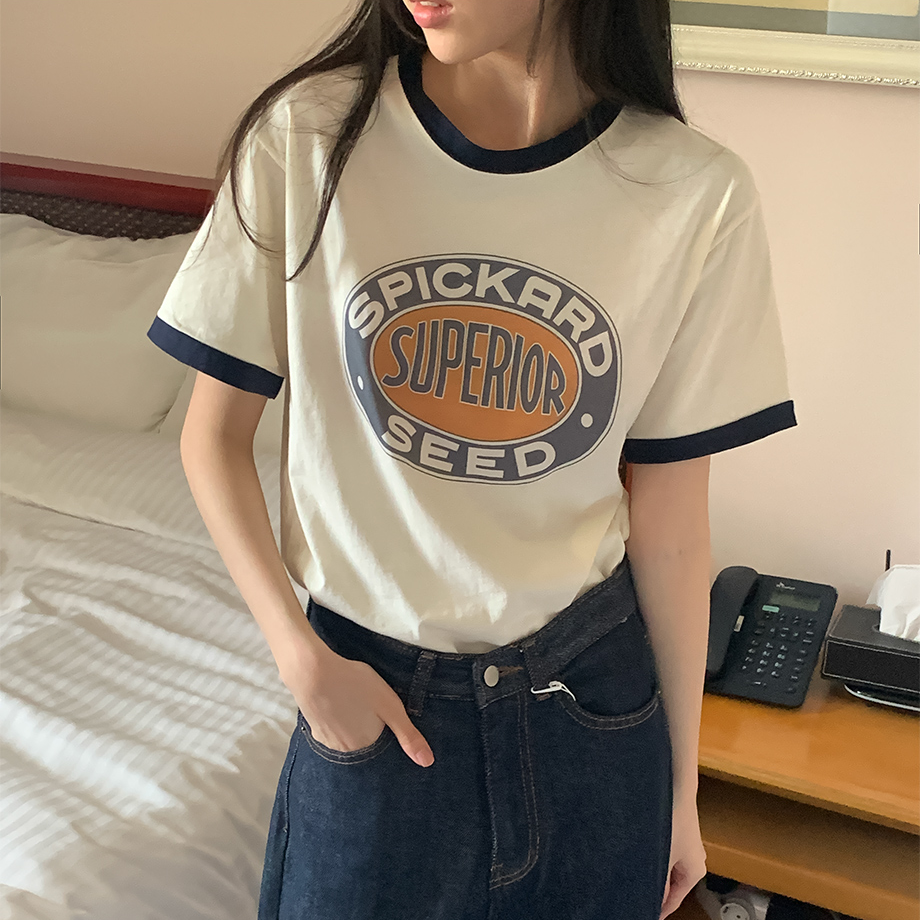 バイカラープリントラウンド半袖Tシャツ