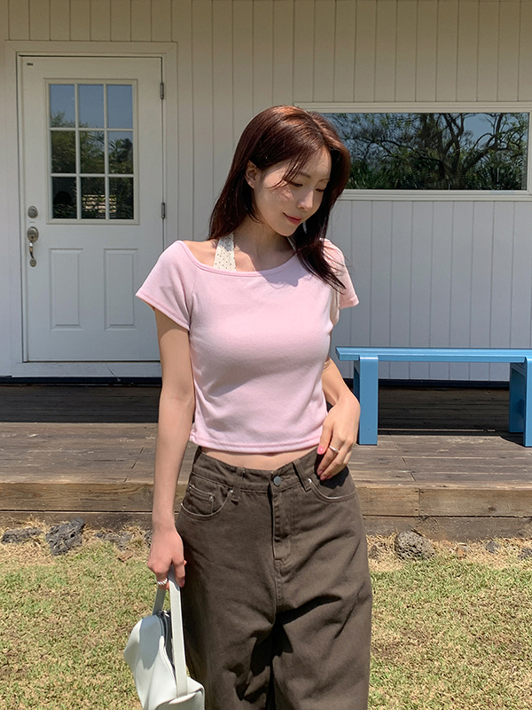 アシンメトリーワンショルダーレイヤード半袖Tシャツ | ファッション