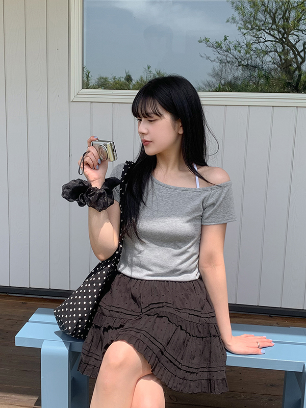 アシンメトリーワンショルダーレイヤード半袖Tシャツ | ファッション