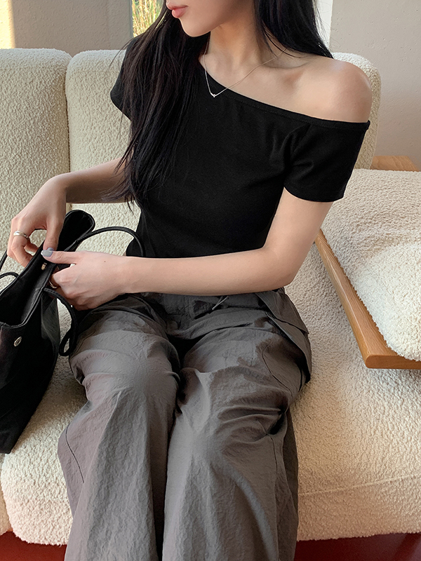 アシンメトリーワンショルダーレイヤード半袖Tシャツ | ファッション