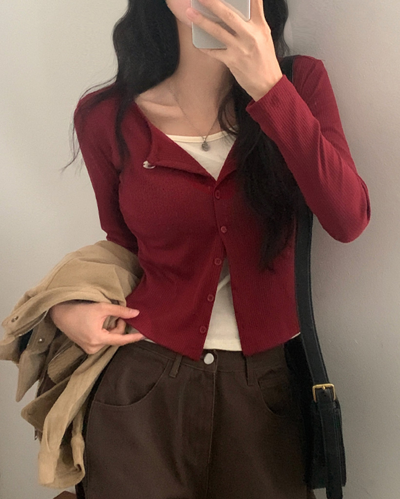 [6color/一体型]ペンダントレイヤードリブニットカーディガン