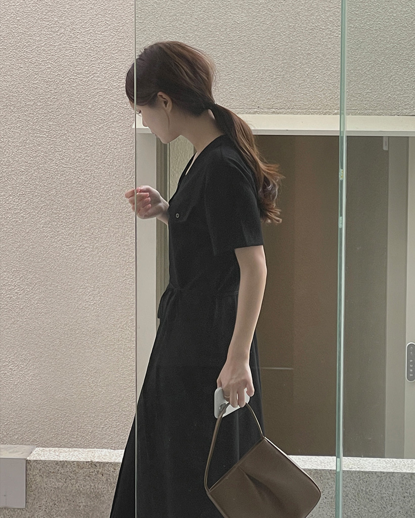 original/S-XL]シアサッカーポケット半袖ロングワンピース