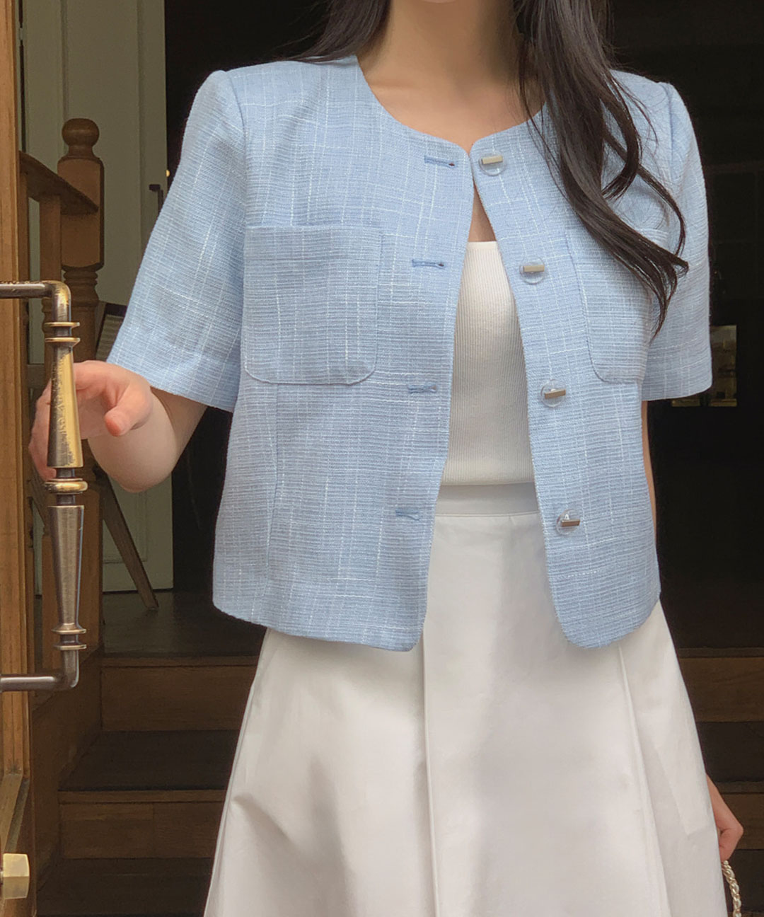 【オケージョン】[original/S-XL]ツイード半袖ジャケット