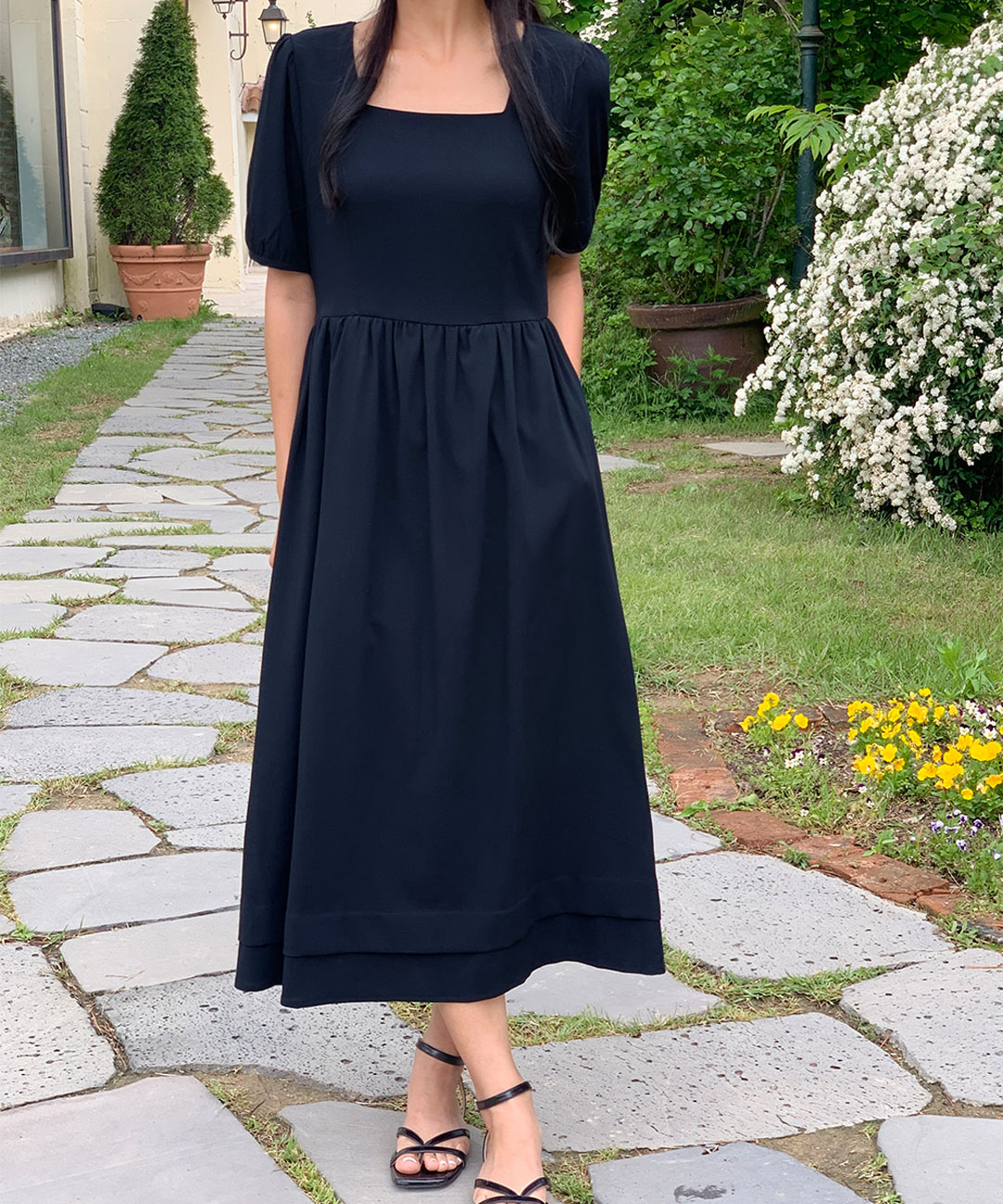 オケージョン】[original/S-XL]シアサッカースクエアネックワンピース