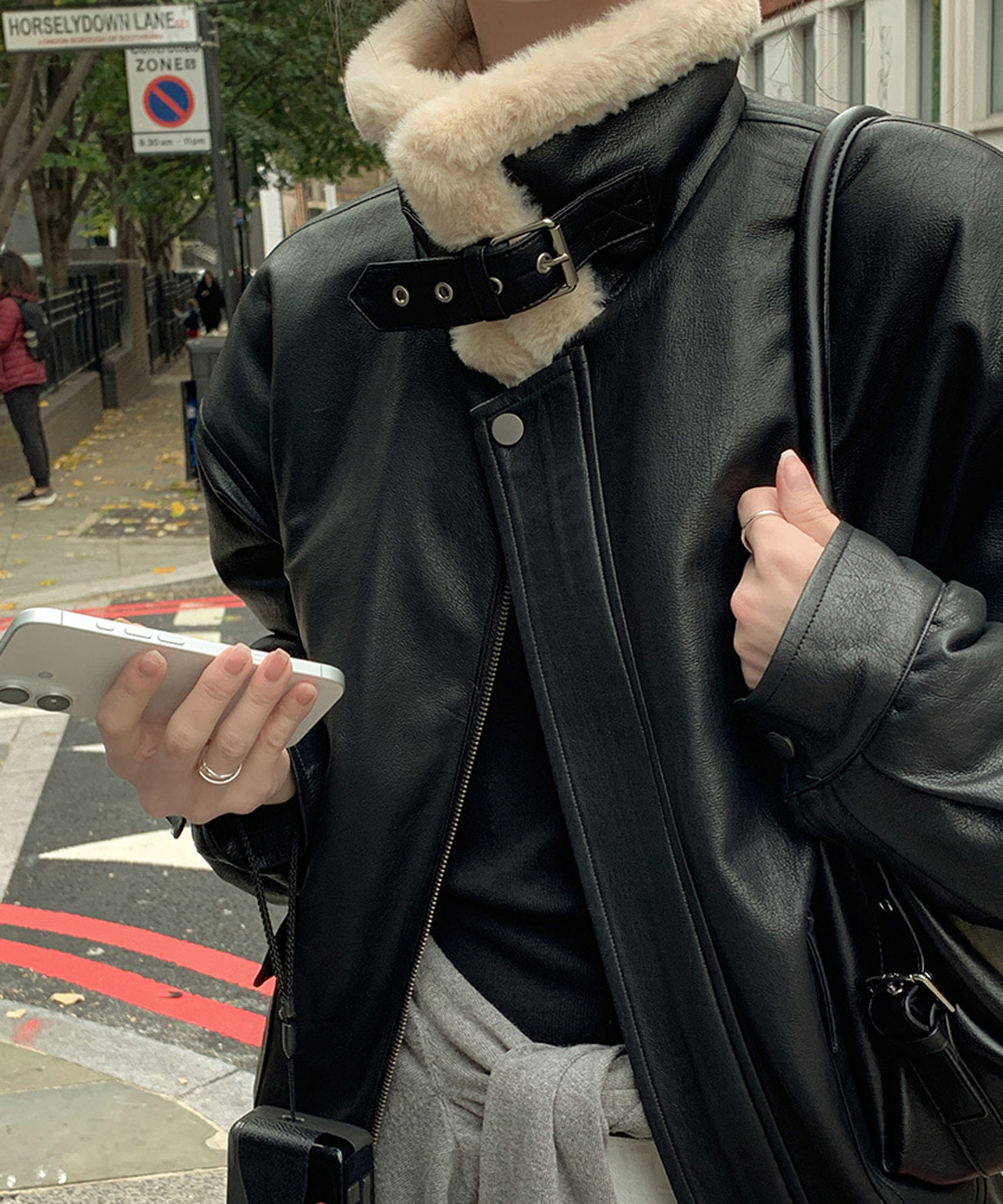 original] ハイネックバックルファーレザームートンジャケット(S-L