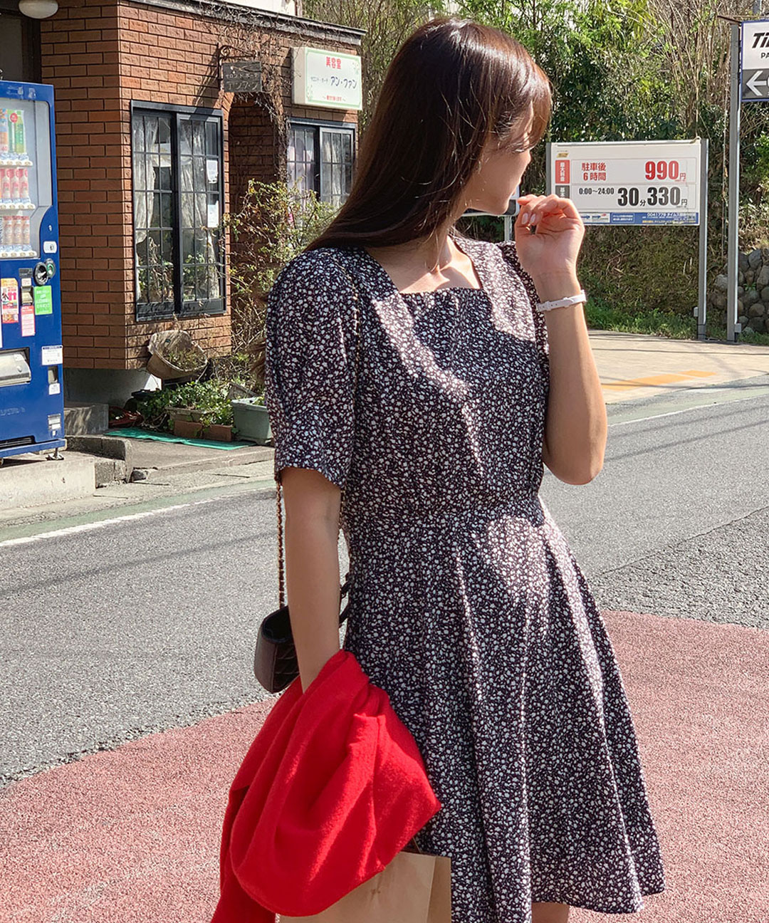 original/S-XL]パフスクエアネックフラワーワンピース