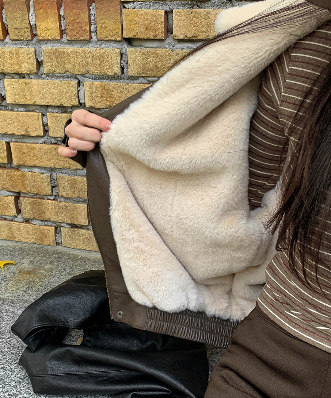 original] ハイネックバックルファーレザームートンジャケット(S-L