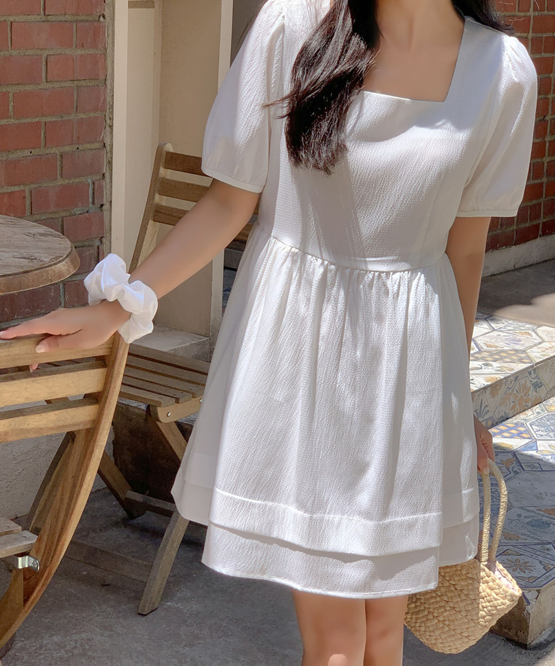 オケージョン】[original/S-XL]シアサッカースクエアネックワンピース