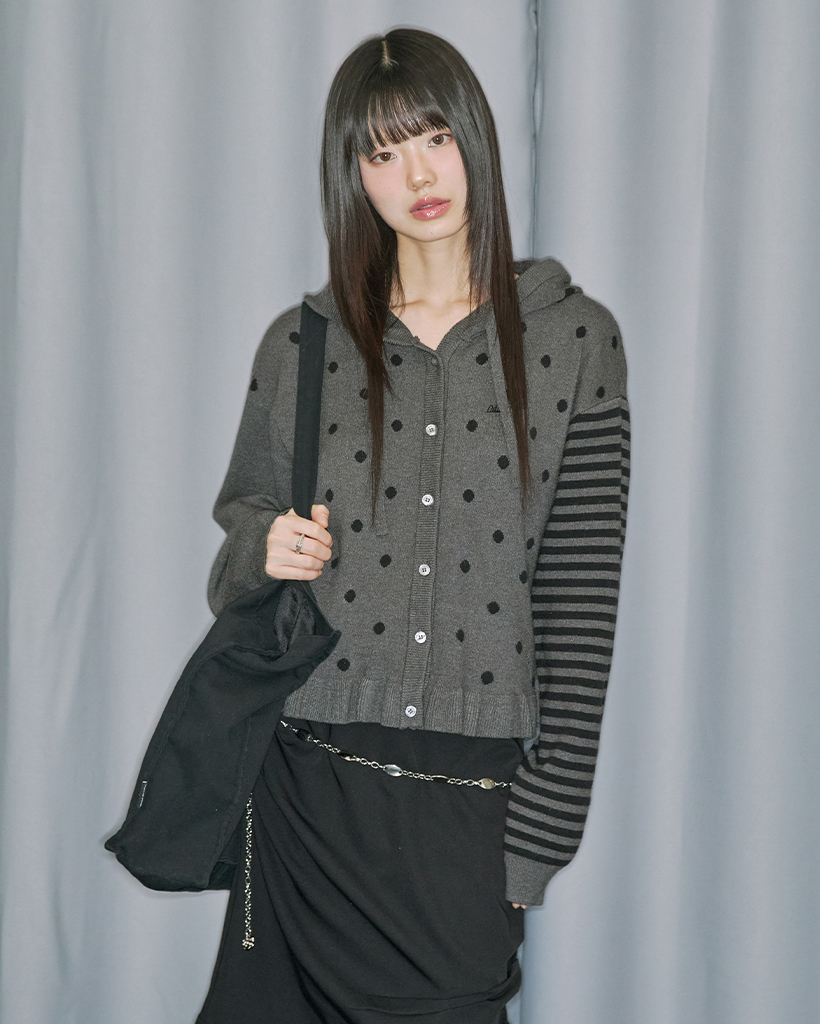 Dot Frill Jacquard Knit Cardigan - CHARCOAL MELANGE